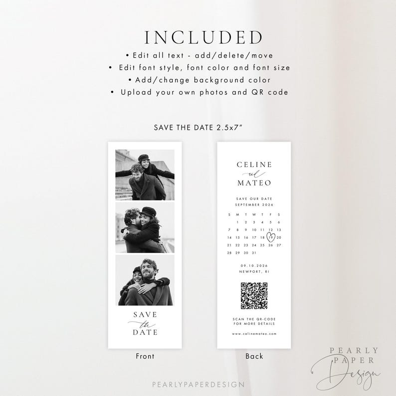 Puede incluir: Una tarjeta de invitaci&oacute;n de boda en blanco y negro con fotos y texto. La parte delantera presenta tres fotos y las palabras "Save the Date". La parte trasera incluye un calendario, nombres y un c&oacute;digo QR. La tarjeta mide 6,35 cm x 17,78 cm.