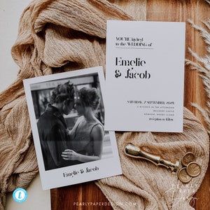 May include: A wedding invitation with a black and white photo of a couple in a romantic embrace. The invitation is for Emelie and Jacob's wedding on September 7, 2021, at Belcourt Castle in Newport, Rhode Island.