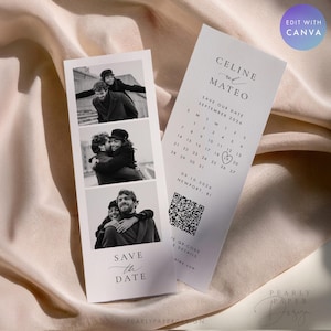 Puede incluir: Dos tarjetas blancas de boda para guardar la fecha. Una tarjeta presenta tres fotos en blanco y negro de una pareja. La otra tarjeta tiene los nombres "Celine y Mateo", un calendario y un c&oacute;digo QR. El texto "Save the Date" tambi&eacute;n es visible.