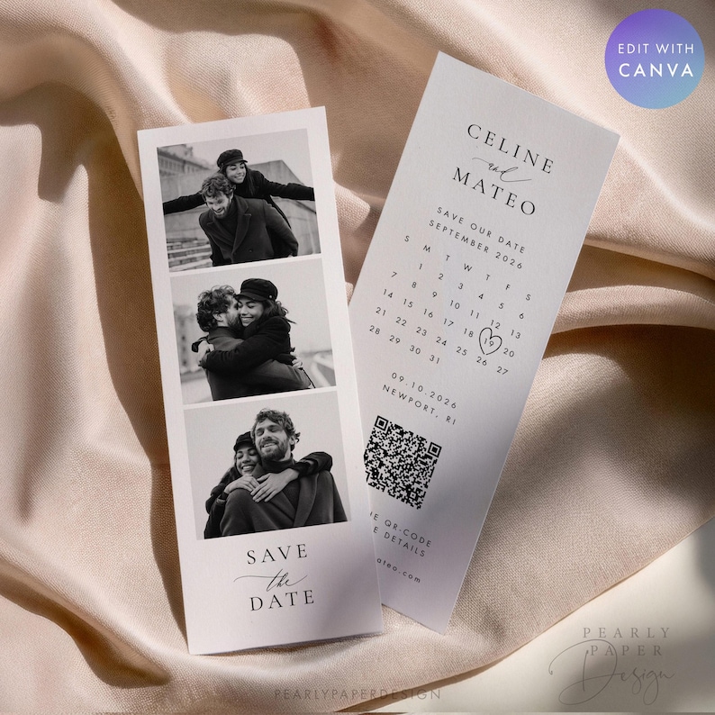Puede incluir: Dos tarjetas blancas de boda para guardar la fecha. Una tarjeta presenta tres fotos en blanco y negro de una pareja. La otra tarjeta tiene los nombres "Celine y Mateo", un calendario y un c&oacute;digo QR. El texto "Save the Date" tambi&eacute;n es visible.