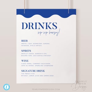 Blue Retro Bar Menu Sign Template, Drinks Menu Minimalist Bar Menu Sign Modern Sign Wedding Printable Bar Wedding Drinks Sign Templett #062
