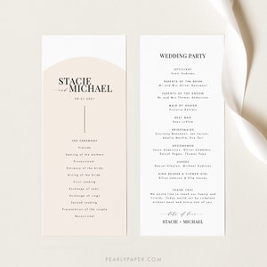 May include: Wedding ceremony program with a peach background and black text. The program lists the order of events for the ceremony, including the seating of the mothers, entrance of the bride, and presentation of the couple. The program also includes a list of the wedding party, including the officiant, maid of honor, best man, bridesmaids, groomsmen, ushers, ring bearer, and flower girl. The program ends with a thank you message to the guests.