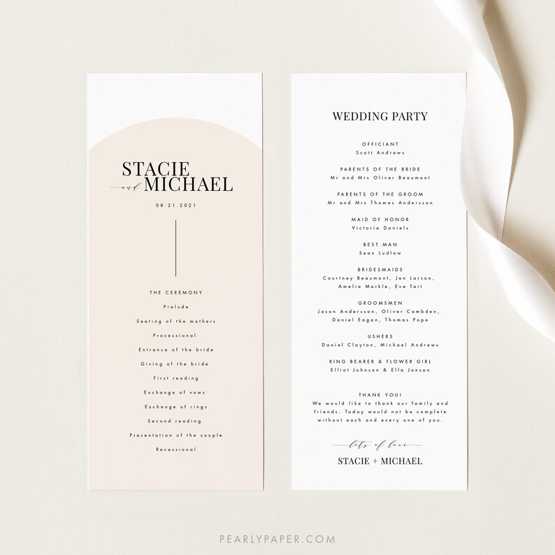May include: Wedding ceremony program with a peach background and black text. The program lists the order of events for the ceremony, including the seating of the mothers, entrance of the bride, and presentation of the couple. The program also includes a list of the wedding party, including the officiant, maid of honor, best man, bridesmaids, groomsmen, ushers, ring bearer, and flower girl. The program ends with a thank you message to the guests.