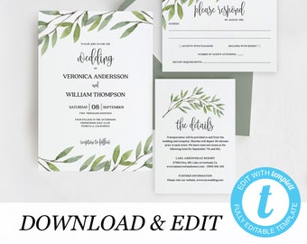 Rustic wedding invitation template Boho Wedding DIY Printable invitation Templett instant download Woodland Wedding Garden wedding 01