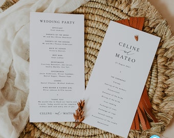 Printable Wedding Ceremony Program Template, Simple program Templett, Elegant wedding order of service editable wedding program #CELINE