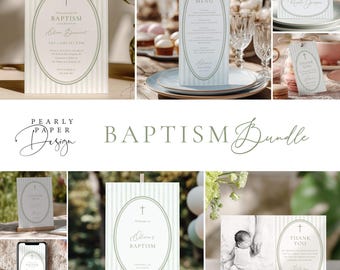 Green Stripe Baptism Bundle with Invitation, Welcome Sign, Menu, Christening Signage, Editable Canva Template (Digital Download)
