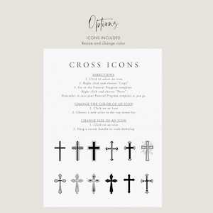 Puede incluir: Un conjunto de iconos de cruz negros para usar en plantillas de programas funerarios. Se incluyen instrucciones para cambiar el color y el tama&ntilde;o de los iconos.