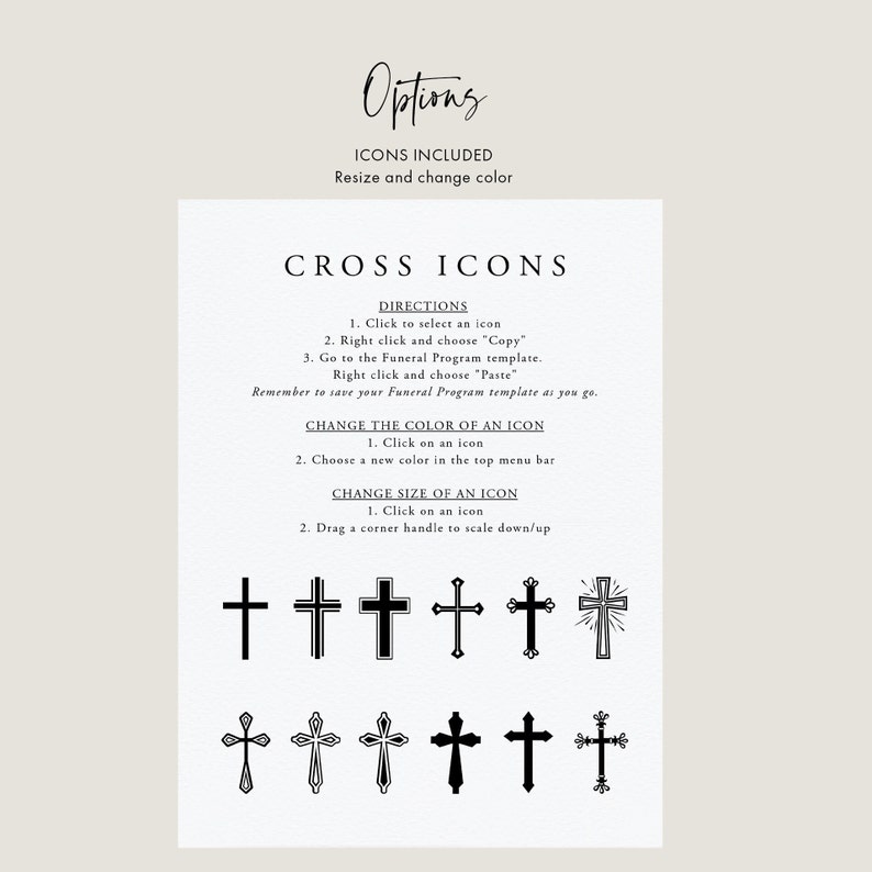 Puede incluir: Un conjunto de iconos de cruz negros para usar en plantillas de programas funerarios. Se incluyen instrucciones para cambiar el color y el tama&ntilde;o de los iconos.