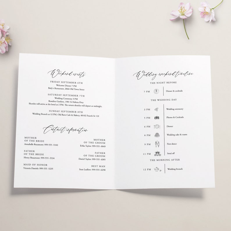 Peut inclure: Une invitation de mariage blanche avec une police d'&eacute;criture cursive noire. L'invitation comprend un calendrier du week-end de mariage avec les &eacute;v&eacute;nements et les heures de la c&eacute;r&eacute;monie de mariage, de la r&eacute;ception et du brunch. L'invitation comprend &eacute;galement les coordonn&eacute;es de la famille de la mari&eacute;e et du mari&eacute;.