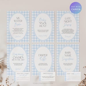 Puede incluir: Juego de seis tarjetas de juego para baby shower con un fondo de cuadros vichy azules y marcos ovalados. Cada tarjeta presenta un t&iacute;tulo de juego diferente, como "My Water Broke" y "Baby Sock Hunt", con instrucciones. Incluye tarjetas peque&ntilde;as a juego.