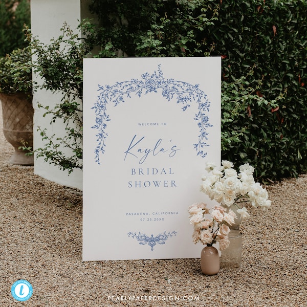 Blue Floral Welcome Sign Template, Bridal Shower Welcome Wedding Signs, Toile Bridal Shower welcome poster, Templett #077