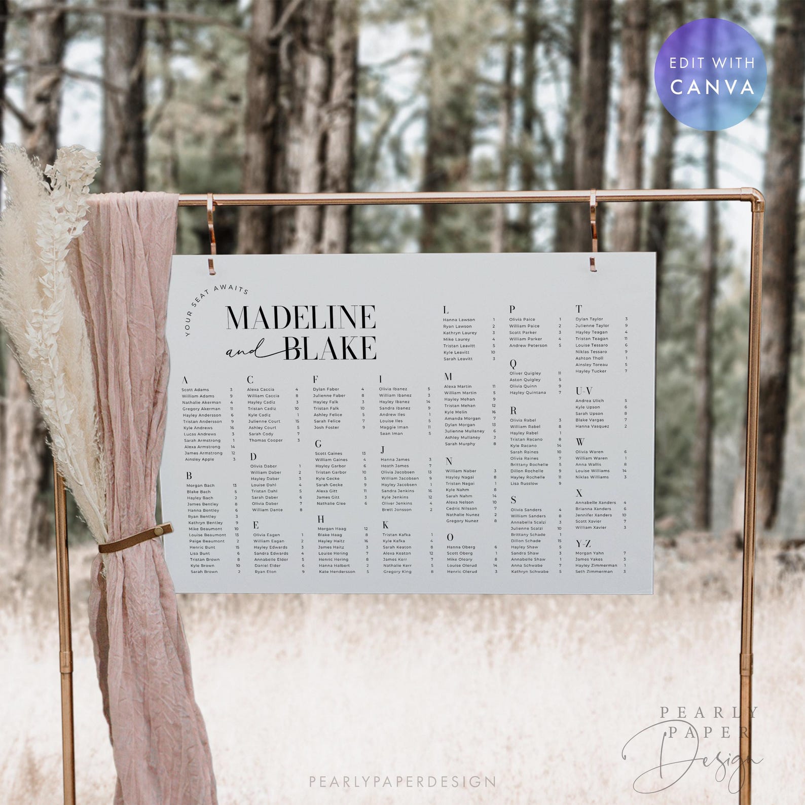Alphabetical Seating Chart Template, Minimalist Wedding Seating Sign ...