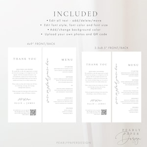 May include: A set of four printable wedding cards with a minimalist design. The cards are white with black text and include a thank you message, a menu, and a QR code. The cards are 4x9 inches and 3.5x8.5 inches.