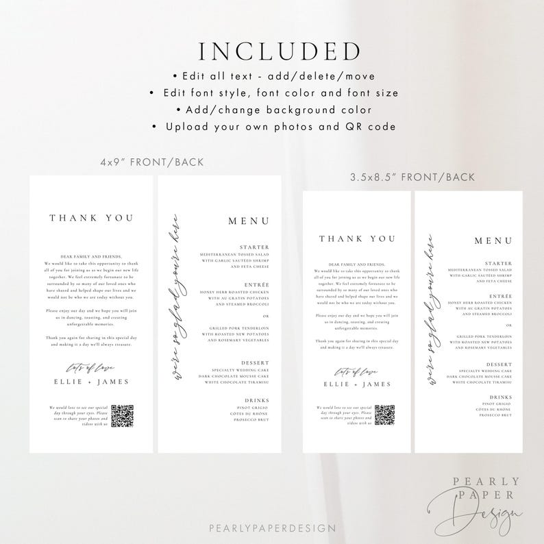 May include: A set of four printable wedding cards with a minimalist design. The cards are white with black text and include a thank you message, a menu, and a QR code. The cards are 4x9 inches and 3.5x8.5 inches.