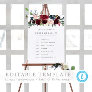 Order of Events Sign Template Marsala Wedding Itinerary Sign Timeline Sign Merlot Burgundy wedding sign Printable Templett 12
