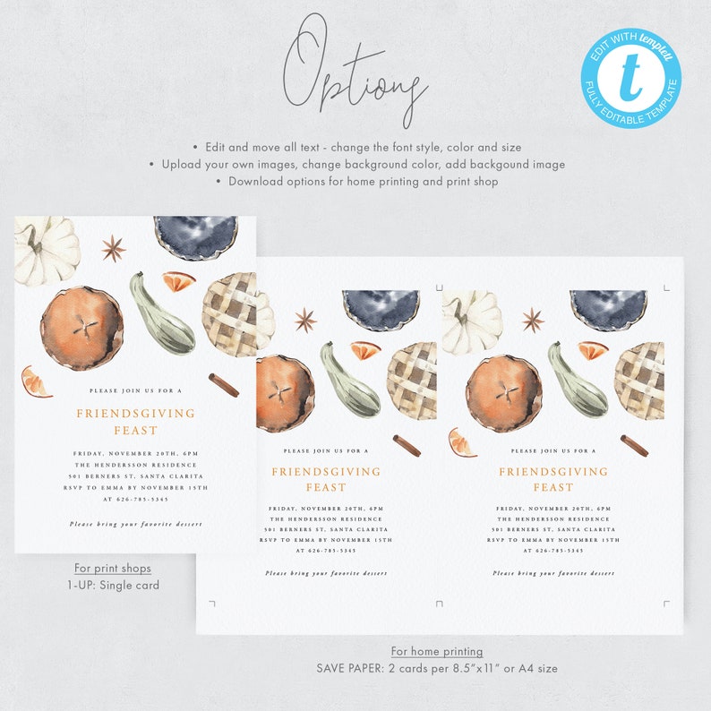 Puede incluir: Una invitaci&oacute;n imprimible para un banquete de Friendsgiving. La invitaci&oacute;n presenta un dise&ntilde;o de acuarela con calabazas, calabacines, pastel y palitos de canela. El texto de la invitaci&oacute;n dice "Por favor, &uacute;nase a nosotros para un banquete de Friendsgiving" e incluye la fecha, la hora y el lugar del evento. La invitaci&oacute;n tambi&eacute;n incluye instrucciones para imprimir la invitaci&oacute;n en casa o en una tienda de impresi&oacute;n.