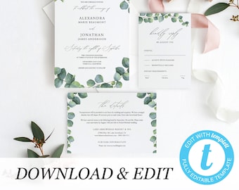 Eucalyptus wedding, Wedding Invitation Template, Eucalyptus Printable Wedding Invitation DIY Templett PDF Instant Download Editable 04