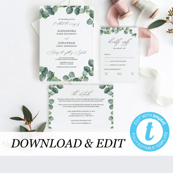 Greenery Wedding Invitation Template Eucalyptus Printable Wedding Invitation DIY Templett PDF Instant Download Editable Rustic Wedding 04