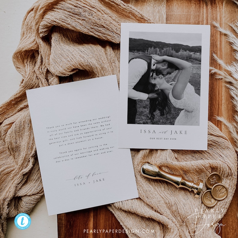 May include: A wedding thank you card with a black and white photo of a couple kissing. The card has the text "Issa & Jake Our Best Day Ever" and "lots of love Issa & Jake".