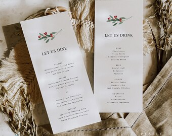 May include: Two elegant menu cards with the phrases "LET US DINE" and "LET US DRINK" in a minimalist font. Each card features a watercolor sprig design. The menu includes starters, entrees, desserts, wine, beer, spirits, and cocktails.
