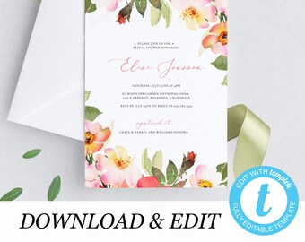 Printable Bridal Shower Invite Template, Floral Bridal Shower Invitation, fully Editable Bridal Shower DIY Instant download Templett