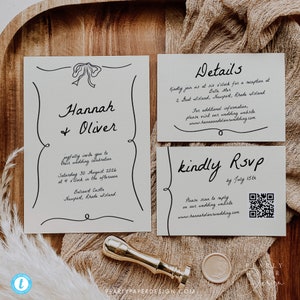 Zestaw szablonów zaproszeń ślubnych Whimsical Wedding Invitation, Bow Wedding Invite, Zestaw ręcznie pisanych modnych zaproszeń ślubnych, Templett #074