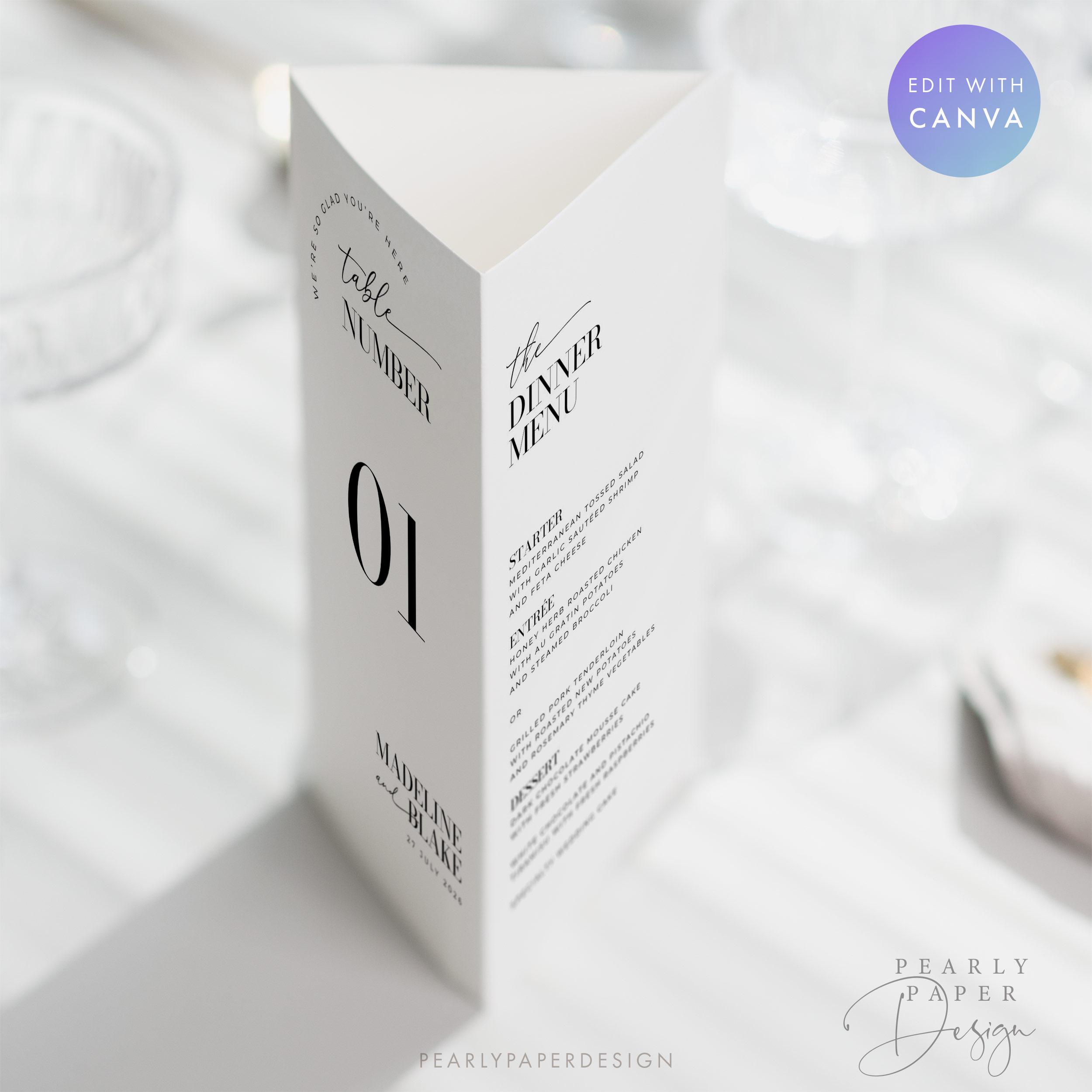 Trifold Table Number Template, Modern Wedding Menu, Printable Trifold ...