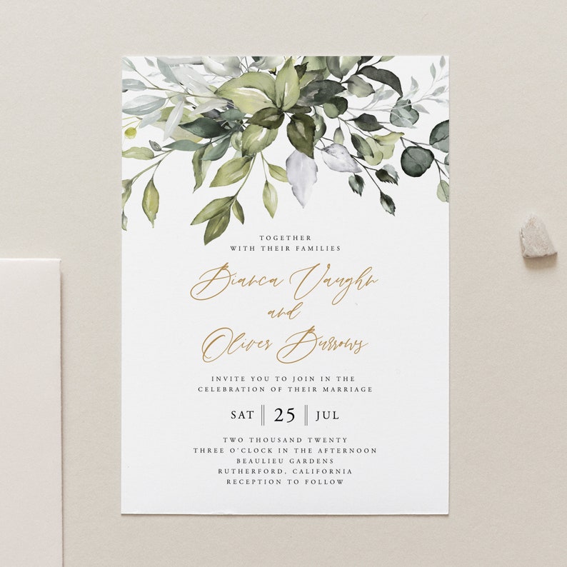 May include: A wedding invitation with a watercolor illustration of green leaves and branches. The invitation reads "Together with their families Bianca Vaughn and Oliver Burrows invite you to join in the celebration of their marriage Sat 25 Jul Two thousand twenty three o'clock in the afternoon Beaulieu Gardens Rutherford, California Reception to follow."