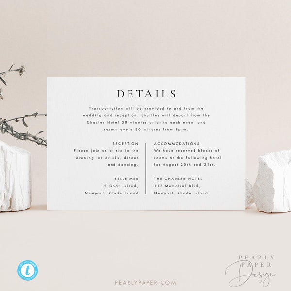 Details card Template, Details card Wedding Insert Printable Minimal simple elegant Information card Templett DIY instant download #45