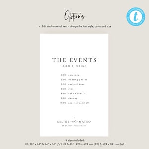 Puede incluir: Una plantilla de orden del d&iacute;a de boda imprimible con el texto "THE EVENTS" y "ORDER OF THE DAY". La plantilla enumera los eventos de la boda con las horas, incluida la ceremonia, las fotos de boda, la hora del c&oacute;ctel, la cena, el pastel y los brindis, el baile y la despedida con fuegos artificiales. La plantilla tambi&eacute;n incluye los nombres "CELINE & MATEO" y la fecha "08.21.2021". La plantilla est&aacute; disponible en cuatro tama&ntilde;os: 18" x 24", 24" x 36", 420 x 594 mm y 594 x 841 mm.