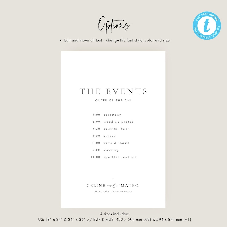 Puede incluir: Una plantilla de orden del d&iacute;a de boda imprimible con el texto "THE EVENTS" y "ORDER OF THE DAY". La plantilla enumera los eventos de la boda con las horas, incluida la ceremonia, las fotos de boda, la hora del c&oacute;ctel, la cena, el pastel y los brindis, el baile y la despedida con fuegos artificiales. La plantilla tambi&eacute;n incluye los nombres "CELINE & MATEO" y la fecha "08.21.2021". La plantilla est&aacute; disponible en cuatro tama&ntilde;os: 18" x 24", 24" x 36", 420 x 594 mm y 594 x 841 mm.