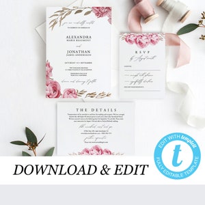 Wedding Invitation Template Wedding Suite Pink floral wedding Templett Bohemian Wedding invitation set Rustic Floral Wedding Invitation 05