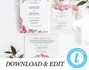 Wedding Invitation Template Wedding Suite Pink floral wedding Templett Bohemian Wedding invitation set Rustic Floral Wedding Invitation 05