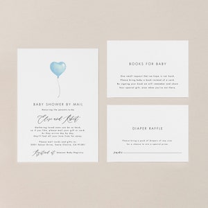 May include: A baby shower invitation featuring a blue balloon heart graphic. The invitation is for a baby shower by mail for Elise and Robert. It includes a request for guests to send a book instead of a card and a diaper raffle.