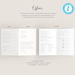 May include: A tri-fold wedding invitation template with a minimalist design. The front features the names "ISSA & JAKE" in a simple font. The back includes sections for restaurants, bars, tours, and activities. The inside features sections for the weekend events, the weekend timeline, and contact information. The template is fully editable and comes in two sizes: US Letter and A4.