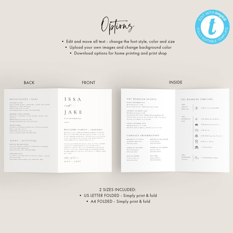 May include: A tri-fold wedding invitation template with a minimalist design. The front features the names "ISSA & JAKE" in a simple font. The back includes sections for restaurants, bars, tours, and activities. The inside features sections for the weekend events, the weekend timeline, and contact information. The template is fully editable and comes in two sizes: US Letter and A4.