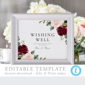 Wishing Well Sign Editable Wishing Well Template Burgundy Floral table sign Printable Wedding Sign DIY Sign Reception sign Templett 12