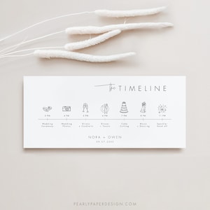 Hochzeitstag Timeline Kartenvorlage, Minimalistische Hochzeits-Timeline, Hochzeits-Reiseplan, bearbeitbare Reihenfolge der Ereignisse mit Symbolen #064