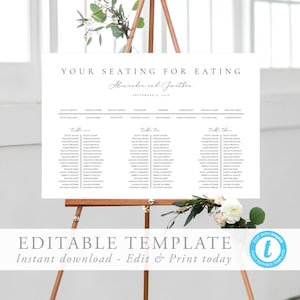 Peut inclure: Un modèle de plan de table de mariage imprimable avec un fond blanc et du texte noir. Le tableau est intitulé "Your Seating for Eating" et comprend les noms de la mariée et du marié, "Alexander et Judith", ainsi que la date du mariage, "September 8, 2018". Le tableau est divisé en trois sections, chacune intitulée "Table One", "Table Two" et "Table Three". Chaque section liste les noms des invités assignés à cette table.