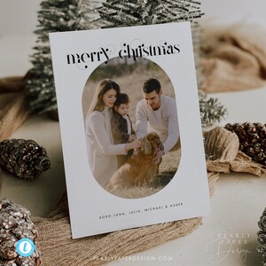 Modello di biglietto di auguri fotografico stampabile, biglietto di auguri ovale a doppio arco Templett, modello di biglietto di auguri di Buon Natale semplice, biglietto di auguri di Buone Feste