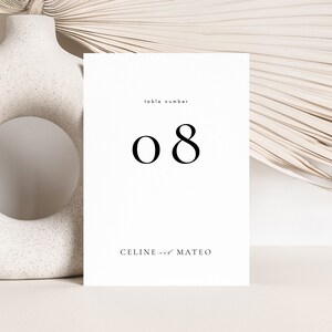 May include: White card with black text. The text reads "table number 08" and "CELINE and MATEO".