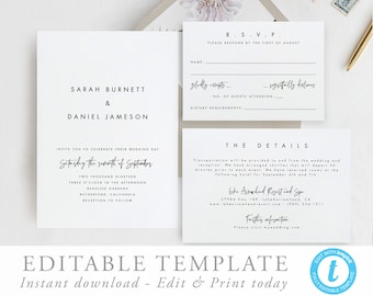 Minimalist Wedding Invitation Template Modern Wedding invite Template Script Editable invitation Simple Wedding invite DIY Templett 16