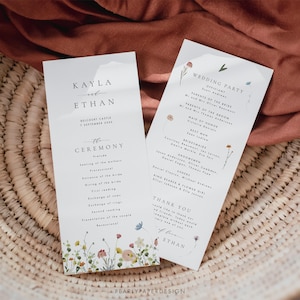 Plantilla de programa de ceremonia de boda con flores silvestres, plantilla de programa de boda floral, orden de servicio de boda elegante, programa editable n.° 073