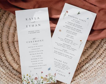 May include: Wedding ceremony program with floral illustrations. The program lists the order of events for the ceremony, including the seating of the mothers, processional, and exchange of vows. The program also includes the names of the wedding party.