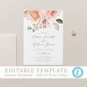 Wedding Invitation Template download Peach and Pink Floral Wedding invite Rustic Coral floral Editable Invite  17