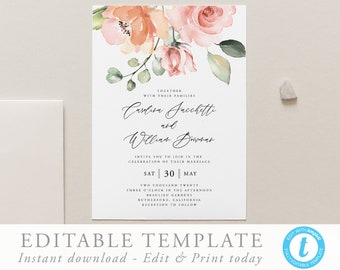 Wedding Invitation Template download Peach and Pink Floral Wedding invite Rustic Coral floral Editable Invite  17