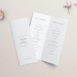 May include: Wedding ceremony programme with a white background and black text. The programme includes the order of events, the names of the wedding party, and the names of the bride and groom: Celine and Mateo. The wedding is scheduled for Saturday, 21 August 2021 at 4:00 pm.