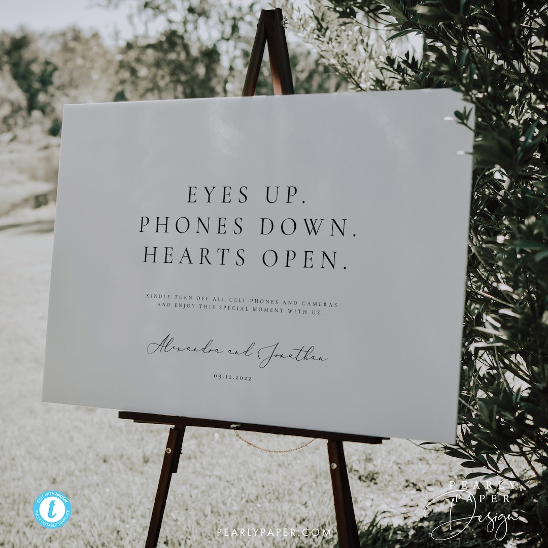Eyes up Phones Down Heart Open Sign Template Modern Unplugged Wedding