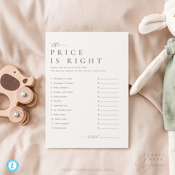 Le prix est juste Modèle de jeu de baby shower imprimable Jeux de douche de bébé minimaliste Templett Jeu devinez le prix # M36