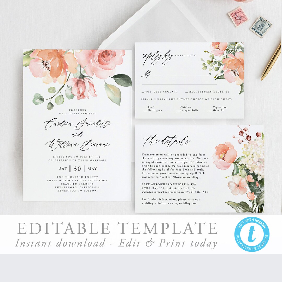 Printable Wedding Invitation Set Invitation Template Download Peach and ...